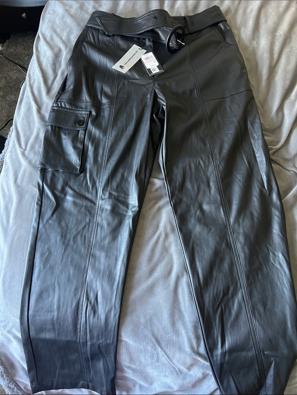 Karl Lagerfeld Black Faux Leather Cargo Trousers with Belt